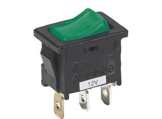 12 Volt Mini Rocker Switch w/ Green Illumination